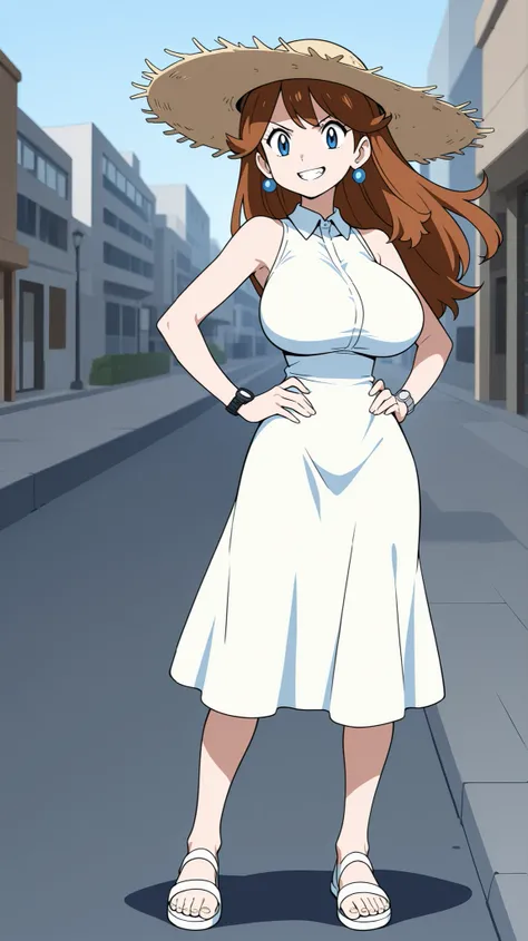adult older sister, Tall, left hands on hips, bare hands, White sleeveless long dress, Miwaki, White Sandals, Straw Hat, ((top quality)), ((masterpiece)), ((details)), stands in the middle of the night, 1girl, two legs, two arms, orange brown hair color, l...