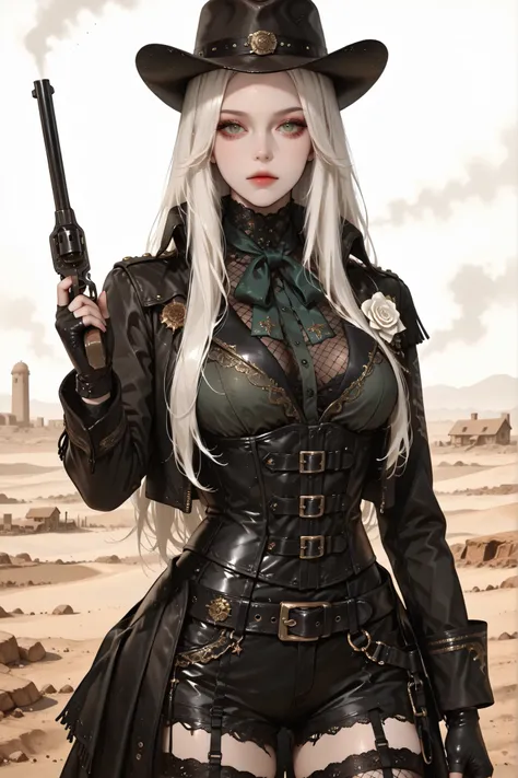 masterpiece, best quality, vibrant, very aesthetic, high contrast, semrealistic, newest, koreanai, best_quality, finely_detailed_eyes_and_detailed_face, (1 girl), solo, long_hair, straight_hair, no bangs, forehead exposed, green_eyes, BREAK, sheriff, black...