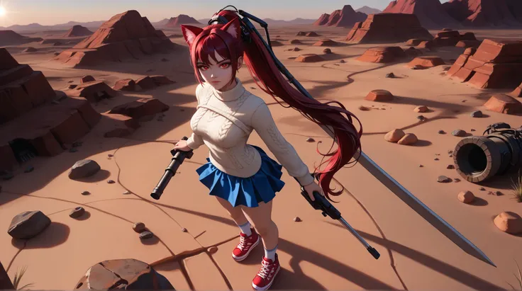 score_9, score_8_above, score_7_above, score_6_above, source_anime, 1girl, Alone,  Defender, Black hair, ((red eyes)) ,(( cat ears)), long ponytail, ((, ( white sexy sweater ),  ((blue mini skirt)),  elongated white socks , (Women's high red sneakers, with...