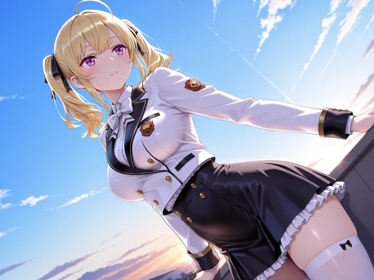 solo,masterpiece,best quality, amazing quality, highres, absurdres, very aesthetic, high resolution, ultra detailed, perfect details,nijirion,large breasts,purple eyes,blonde hair,twintails,ahoge,hair ribbon,nijirioncos,white shirt,white bowtie,white jacke...