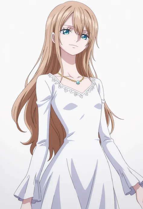 tall girl, 1girl, shiny light, long hair, (bangs), hair between eyes, very light brown hair, pale skin, light blue eyes, shiny eyes,((flat chest, necklace)), white summer dress, narrow waist, long sleeve ,white background, simple background, anime coloring...