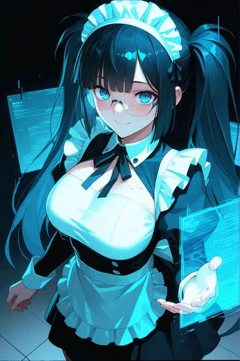 absurdres, (((Ultra HD))), (((Ultra High Quality))), ((hyper detailed)), ((Ultra High Resolution)), (Highly rendered), ((detailed eyes)), (((8K))), ((perfect face)), ((masterpiece)), cinematic, solo, 1girl, tall, thin, black hair, blue eyes, twin tails, lo...