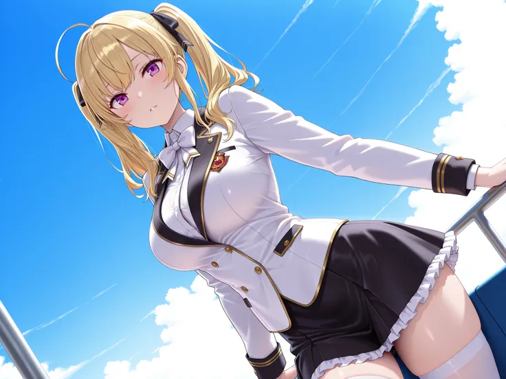 solo,masterpiece,best quality, amazing quality, highres, absurdres, very aesthetic, high resolution, ultra detailed, perfect details,nijirion,large breasts,purple eyes,blonde hair,twintails,ahoge,hair ribbon,nijirioncos,white shirt,white bowtie,white jacke...