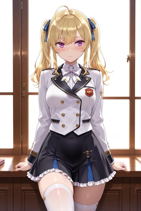 solo,masterpiece,best quality, amazing quality, highres, absurdres, very aesthetic, high resolution, ultra detailed, perfect details,nijirion,medium breasts,purple eyes,blonde hair,twintails,ahoge,hair ribbon,nijirioncos,white shirt,white bowtie,white jack...