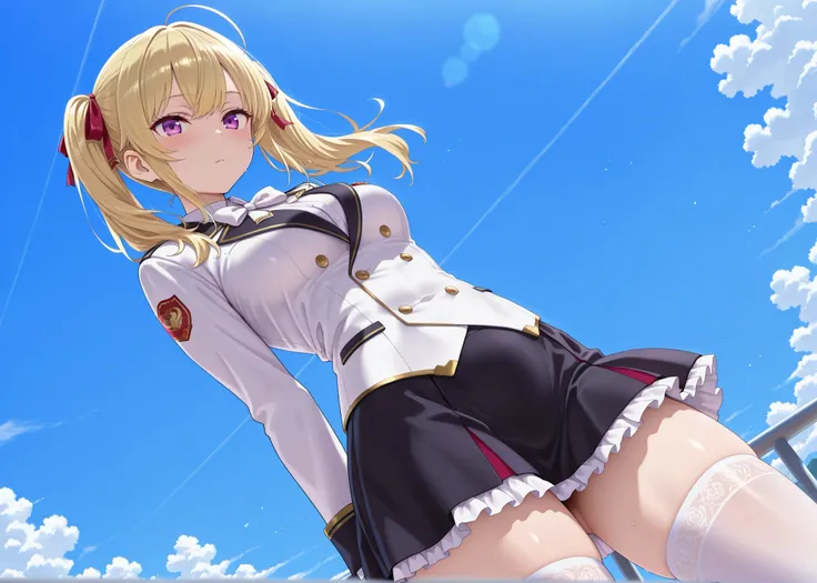 solo,masterpiece,best quality, amazing quality, highres, absurdres, very aesthetic, high resolution, ultra detailed, perfect details,nijirion,medium breasts,purple eyes,blonde hair,twintails,ahoge,hair ribbon,nijirioncos,white shirt,white bowtie,white jack...