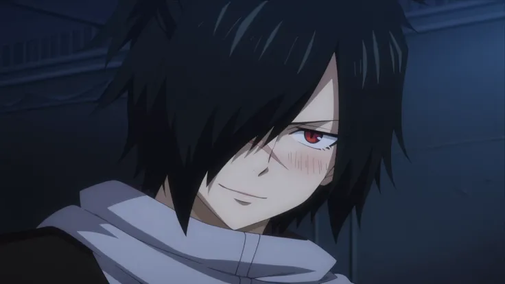 rogue_cheney, black hair, red eyes, hair over one eye, scar,rogue_cheney, black hair, red eyes, hair over one eye, scar tattoo close-up, official style, ((anime screencap)), 8K, extremely detailed, 1boy, solo, looking at viewer, black background , shadow ...