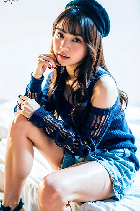Detailed model pictures,  dark haired,   white background ,   on a bed ,  dress, blue footwear, shorts,  sit with your knees raised , Stunning photos that capture the beauty of thighs, simple background,  Signature , Flower,  nail polish,  Wide Sleeves,  l...