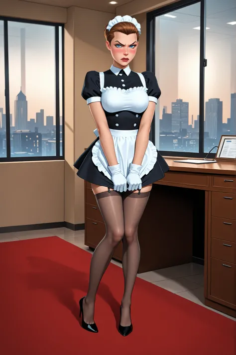 masterpiece, best quality, very aesthetic, absurdres, realistic, indoors, office, penthouse, red carpet, desk, solo, Mercy Graves, athletic, perfect face, dark blue eyes, lipstick, looking at viewer, embarrassed, blush, angry, brown hair, very short hair, ...