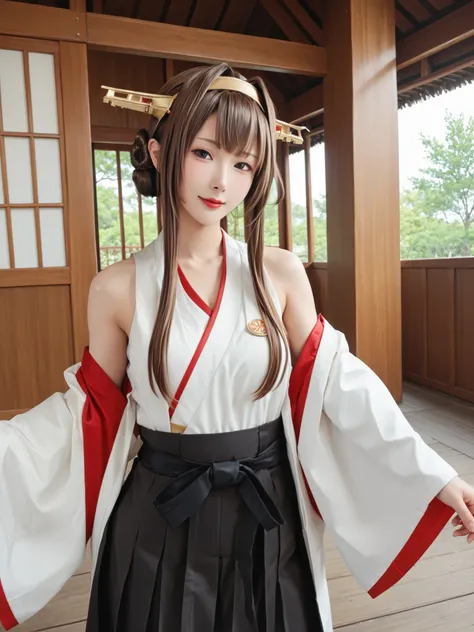 Armpit見せ,KingpinKC,brown hair,long hair, knee-high, stupid hair, pleated skirt with fingers together, Hairbands, sleeveless, kimono, Black skirt, hair bun,Double Bang, headgear, thigh boots, ribbon trim, hakama, untraditional shrine maiden, Sleeves with ri...