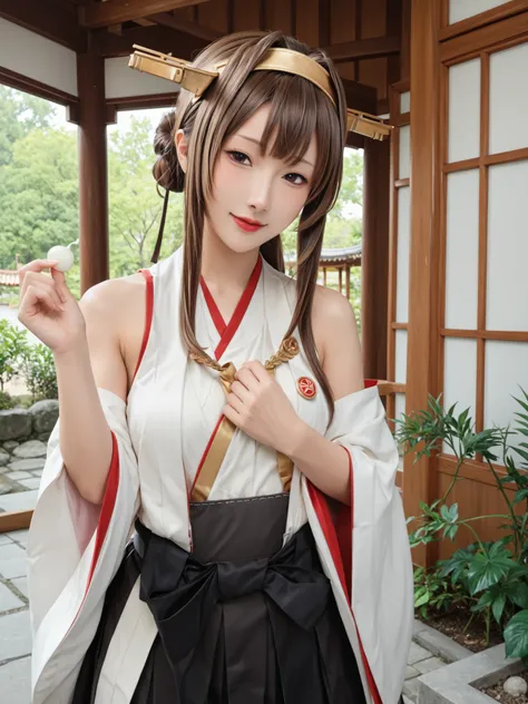 Armpit見せ,KingpinKC,brown hair,long hair, knee-high, stupid hair, pleated skirt with fingers together, Hairbands, sleeveless, kimono, Black skirt, hair bun,Double Bang, headgear, thigh boots, ribbon trim, hakama, untraditional shrine maiden, Sleeves with ri...