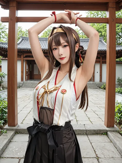 Armpit見せ,KingpinKC,brown hair,long hair, knee-high, stupid hair, pleated skirt with fingers together, Hairbands, sleeveless, kimono, Black skirt, hair bun,Double Bang, headgear, thigh boots, ribbon trim, hakama, untraditional shrine maiden, Sleeves with ri...
