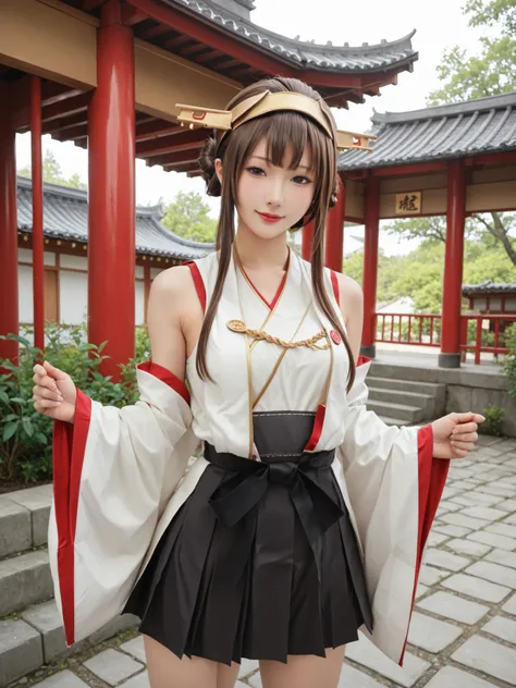Armpit見せ,KingpinKC,brown hair,long hair, knee-high, stupid hair, pleated skirt with fingers together, Hairbands, sleeveless, kimono, Black skirt, hair bun,Double Bang, headgear, thigh boots, ribbon trim, hakama, untraditional shrine maiden, Sleeves with ri...