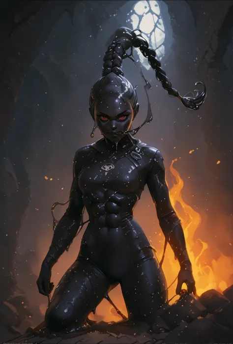 Slender latex slime-bodysuit. Black latex slime-skin-suit/synsuit. Black slime monster-girl. Horror. Cute 18-year-old Asian "venom" slimegirl with big Asian red eyes and slime-braid with white highlights. No mouth. She has a cute and beautiful face in a ti...