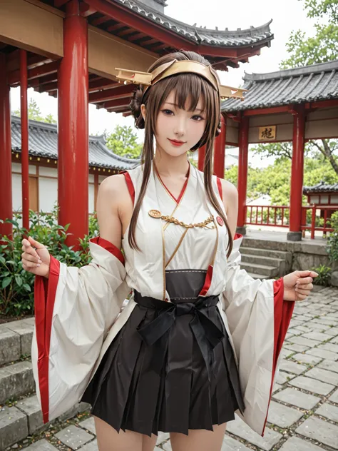 Armpit見せ,KingpinKC,brown hair,long hair, knee-high, stupid hair, pleated skirt with fingers together, Hairbands, sleeveless, kimono, Black skirt, hair bun,Double Bang, headgear, thigh boots, ribbon trim, hakama, untraditional shrine maiden, Sleeves with ri...