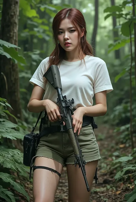 cinematic photo tone of beautiful woman rose from blackpink, wearing white shirt with hiking outfit, holding rifle, in primeval forest, action scene, close up view