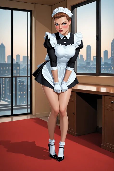 masterpiece, best quality, very aesthetic, absurdres, realistic, indoors, penthouse, red carpet, desk, solo, Mercy Graves, athletic, perfect face, dark blue eyes, lipstick, looking at viewer, embarrassed, blush, angry, brown hair, very short hair, maid uni...