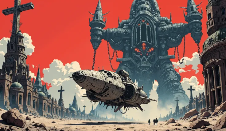 A low-angle diagonal shot captures a rugged, medium-sized spaceship with sharp lines and damaged armor plating landing in a desert village under a crimson sky, its exposed mechanical parts glowing faintly. Behind it, a colossal gothic tower floats ominousl...