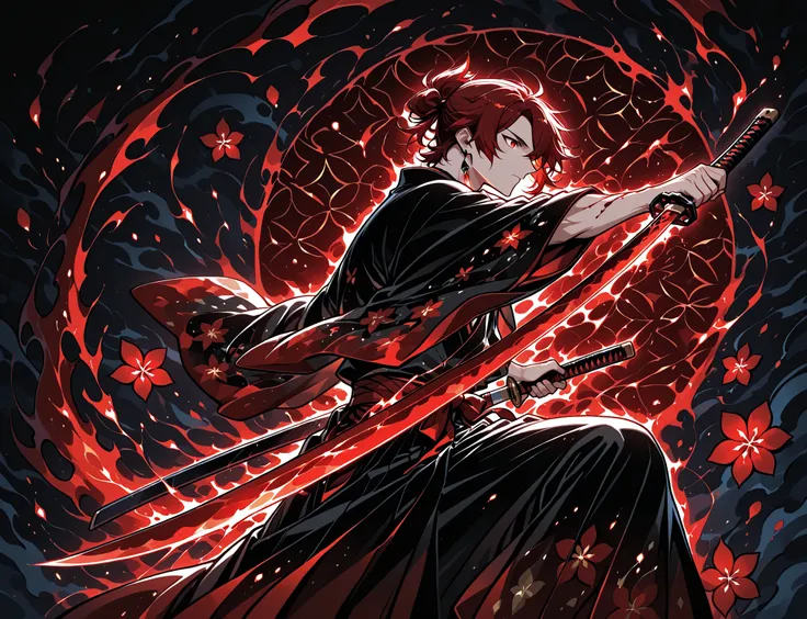 1boy, red hair, tied hair, red eyes, rectangle earrings, black kimono with red flower patterns, dynamic pose, dynamic composition, katana, sword slash effect, sword aura, ink background, ink splats,