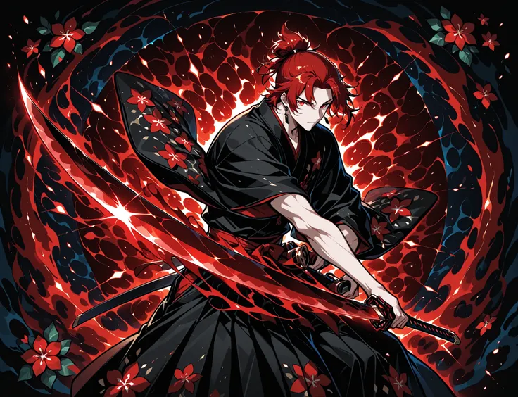 1boy, red hair, tied hair, red eyes, rectangle earrings, black kimono with red flower patterns, dynamic pose, dynamic composition, katana, sword slash effect, sword aura, ink background, ink splats,