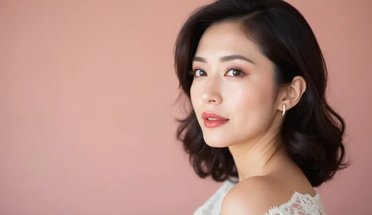 ophisticated Japanese women、elegant and graceful close-up portrait, styled like a classic Hollywood actress. Her Dark, glossy waves wrap around her face, exude vintage charm. she wears soft rose eyeshadow, Sculptural eyebrows, and、striking yet vibrant pink...