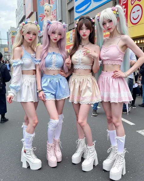 Five energetic "ganguro gyaru" girls standing together in the heart of Shibuya, Japan, with vibrant street life in the background. They have deeply tanned skin, white "panda" eye makeup, colorful eyeshadows, and glossy lips. Their outfits include loose soc...