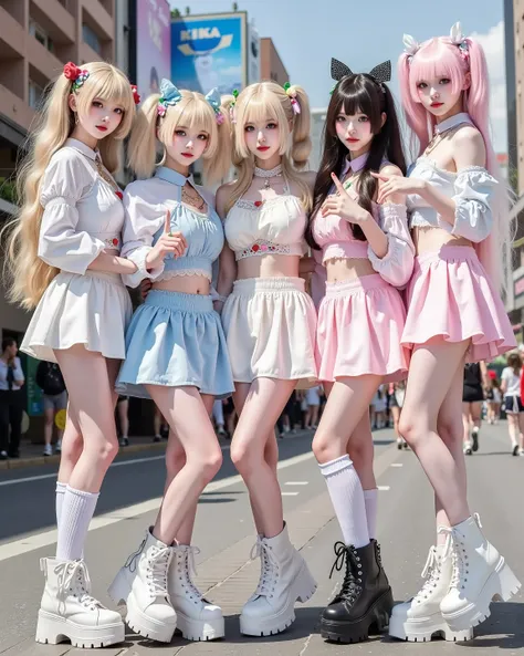 Five energetic "ganguro gyaru" girls standing together in the heart of Shibuya, Japan, with vibrant street life in the background. They have deeply tanned skin, white "panda" eye makeup, colorful eyeshadows, and glossy lips. Their outfits include loose soc...