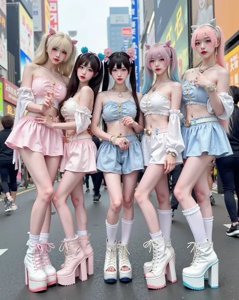 Five energetic "ganguro gyaru" girls standing together in the heart of Shibuya, Japan, with vibrant street life in the background. They have deeply tanned skin, white "panda" eye makeup, colorful eyeshadows, and glossy lips. Their outfits include loose soc...