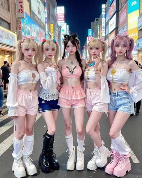 Five energetic "ganguro gyaru" girls standing together in the heart of Shibuya, Japan, with vibrant street life in the background. They have deeply tanned skin, white "panda" eye makeup, colorful eyeshadows, and glossy lips. Their outfits include loose soc...