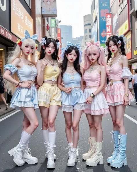Five energetic "ganguro gyaru" girls standing together in the heart of Shibuya, Japan, with vibrant street life in the background. They have deeply tanned skin, white "panda" eye makeup, colorful eyeshadows, and glossy lips. Their outfits include loose soc...