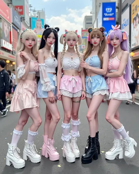 Five energetic "ganguro gyaru" girls standing together in the heart of Shibuya, Japan, with vibrant street life in the background. They have deeply tanned skin, white "panda" eye makeup, colorful eyeshadows, and glossy lips. Their outfits include loose soc...