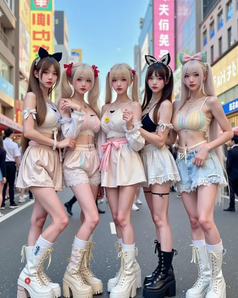 Five energetic "ganguro gyaru" girls standing together in the heart of Shibuya, Japan, with vibrant street life in the background. They have deeply tanned skin, white "panda" eye makeup, colorful eyeshadows, and glossy lips. Their outfits include loose soc...