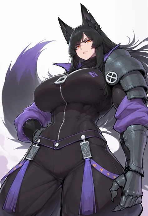 gorgeous kitsune girl, beautiful face, kitsune, hair of ash-purple color, beautiful woman, orange eyes, slit pupils, personalami style, vvolputrous body, toned woman, curvy and athletic, fox ears, long hair, huge breasts, dark adventurer jacket, buggy pant...