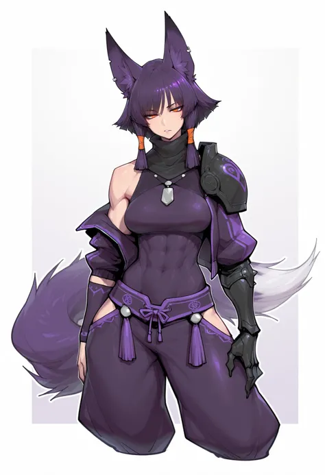 gorgeous kitsune girl, beautiful face, kitsune, hair of ash-purple color, beautiful woman, orange eyes, slit pupils, volputrous body, toned woman, curvy and athletic, fox ears, short hair, dark adventurer jacket, buggy pants, single pauldron, single vambra...