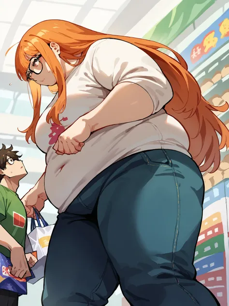 Score_9, score_8_up, score_7_up, score_6_up,  source_anime, shopping mall background, low angle, from below, 1girl, 1boy, duo, larger_female, smaller_male, size_difference, standing, looking down, BREAK, futabadef, orange hair, long hair, blunt bangs, glas...