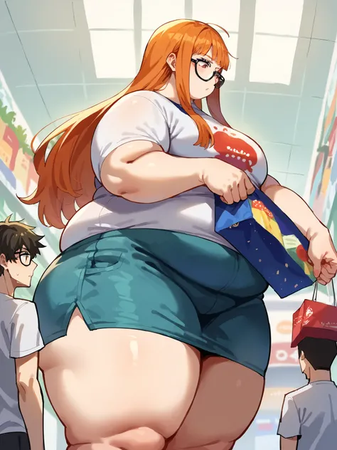 Score_9, score_8_up, score_7_up, score_6_up,  source_anime, shopping mall background, low angle, from below, 1girl, 1boy, duo, larger_female, smaller_male, size_difference, standing, looking down, BREAK, futabadef, orange hair, long hair, blunt bangs, glas...