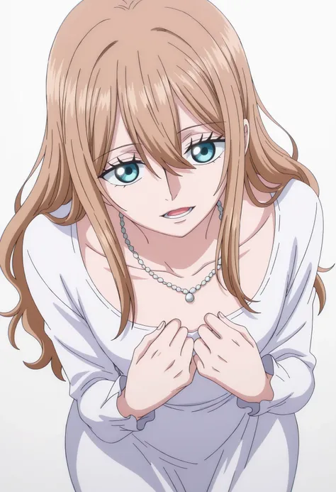 tall girl, 1girl,  shiny light, (aged up:1.5),long hair, (bangs), hair between eyes, very light brown hair, pale skin, light blue eyes, shiny eyes,(flat chest), necklace, white summer dress, narrow waist, long sleeve ,white background, simple background, a...