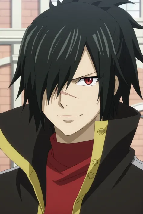 ponytail,rogue_cheney, black hair, red eyes, hair over one eye, scar,rogue_cheney, black hair, red eyes, hair over one eye, scar tattoo close-up, official style, ((anime screencap)), 8K, extremely detailed, 1boy, solo, looking at viewer, black background ,...