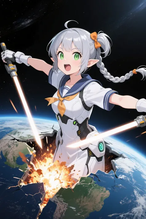 Cute anime girl. Her face is rounded. Her ears like an elf. Her eyes are large, light green and slightly slanted. Her hair style is side ponytail. The ponytail is braided. The front hair is cut diagonally above the eyes. Hair color is shiny silver. The side ponytail has an amber scrunchie attached. She is wearing a white short-sleeved sailor uniform with a futuristic mobile suit-like armor over it. Location: Outer space.  She is slicing the entire planet in half with her beam sabers while screaming. The planet is cut open by the beam sabre, splitting open and causing a huge explosion at the cut section.