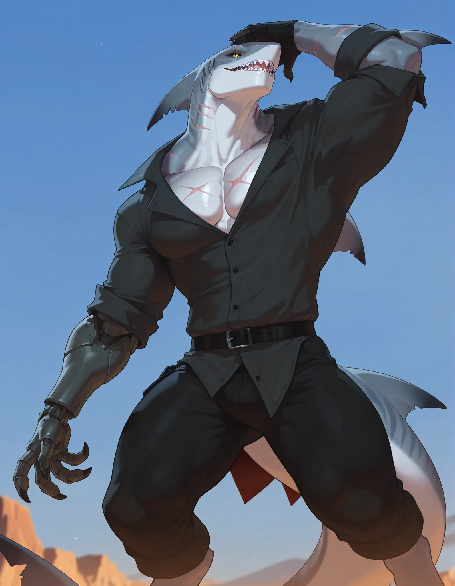 masterpiece, best quality, amazing quality, very aesthetic, absurdres, newest, scenery, extreme detail, 8k, dnd character, anthro shark, detailed eyes, yellow eyes, by Riolutiny, anthro, furry, shark, male, scalie, anthro shark, anthro megalodon, hunk, gra...