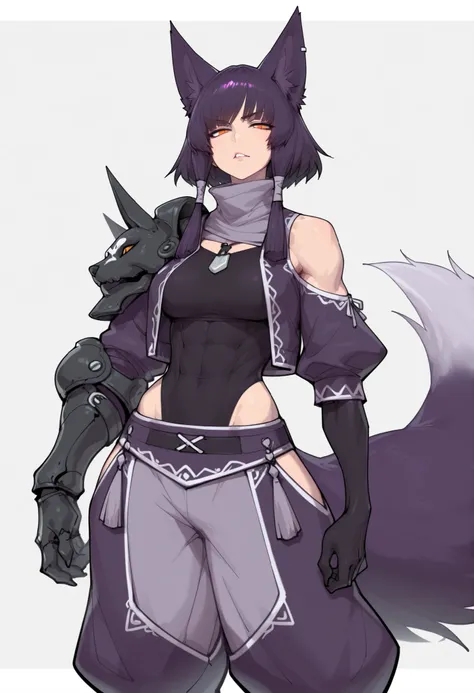 gorgeous kitsune girl, beautiful face, kitsune, hair of ash-purple color, beautiful woman, orange eyes, slit pupils, volputrous body, toned woman, curvy and athletic, fox ears, short hair, dark adventurer jacket, buggy pants, single pauldron, single vambra...