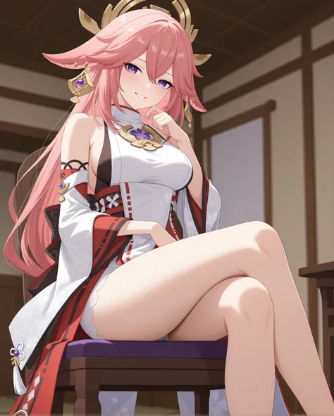 sitting on chair, legs crossed, 
looking at viewer, happy, 
front side view, from front, 

	Yae Miko \Genshin Impact\, 
pink hair, long hair, purple eyes, medium breasts, 
hair ornament, fox ears, 

	Yae Miko \Genshin Impact\ outfit, 
japanese clothes, bar...