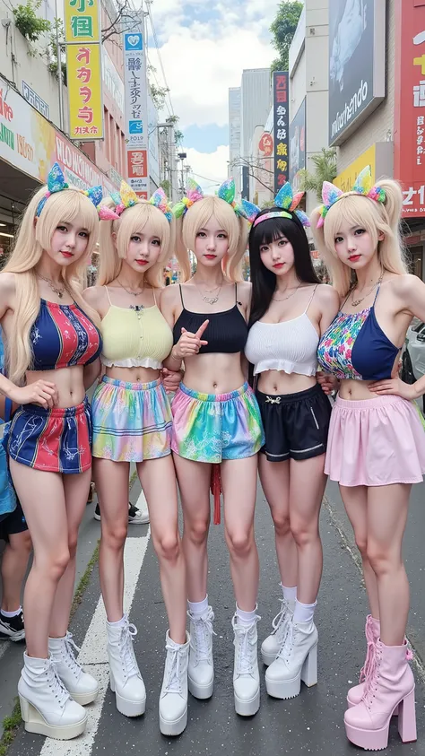 Five energetic "ganguro gyaru" girls standing together in the heart of Shibuya, Japan, with vibrant street life in the background. (((They have deeply tanned skin white "panda" eye makeup, colorful eyeshadows, and glossy lips. Their outfits include loose s...
