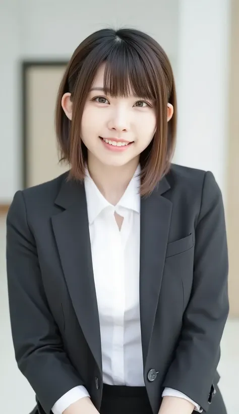 Neat Young Woman、and look at the camera、office lady suit、jacket、shirt、necklace、ear piercing、髪型ボブヘア、薄い茶髪、、smile showing teeth、背景はオフィス
