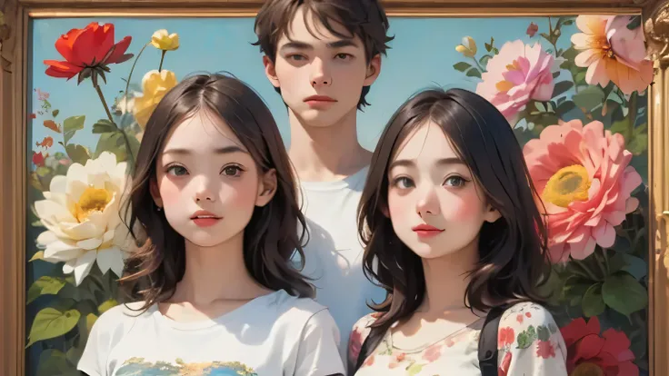 396 ((young woman and young man)),(short hair),(Neat hair),(Ultra High Definition),(Floral T-shirt),(Leonardo da Vinci style paintings)
