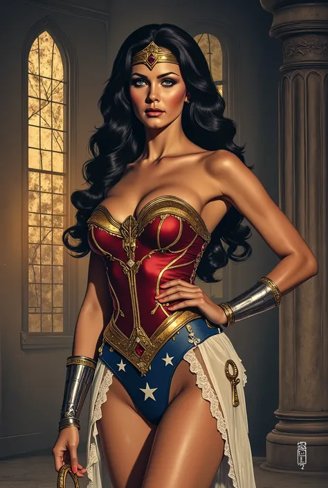 ( BEST ILLUSTRATION:1.2), ( Masterpiece:1.2 ), (   super detailed ),  8,000, 16K,  wallpaper,(  Fantasy:2.0) ,Wonder Woman, Almost naked , Graphic novels,MTG Style ,（ Screen designed for Tarot theme ），（Draw a Tarotel-style border around the screen），（（ Rese...