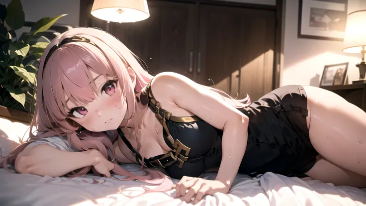 (masterpiece,Best Composition,Depressed Illumination,top quality,Super Detailed),best shadows,Rim lighting,perfect composition,(Diagonal front view,solo:1.5),(Megurine Luka,pink long Hair:1.5),beautiful eyes,look at here,tilt head,shy,(Blushing,Sweating:1....