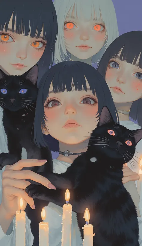 Close up of cartoon characters holding black cats, Subtle Junji this , Junji Ito style, Junji Ito styleの色合い, Ito Junji and Greg Lutkowski, Pixiv and Junji, Katsuhiro Otomo and Junji Ito, Junji Murakami,  Junji this work 