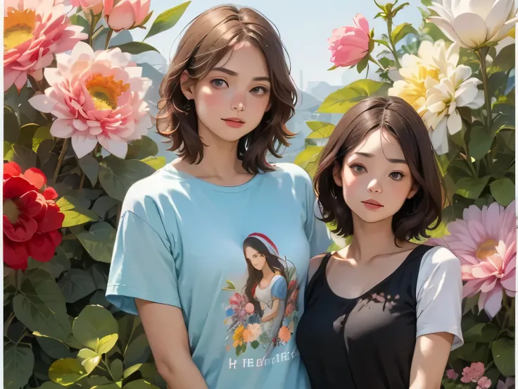 396 ((young woman and young man)),(short hair),(Neat hair),(Ultra High Definition),(Floral T-shirt),(Leonardo da Vinci style paintings)