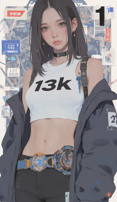 の下に小さな文字が描かれています。若い女性が未来的な, 全体的な構成は、高度なテクノロジーと現代のテーマを強調していますfashion. を着て描かれています。最も印象的なのは、白いクロップトップ, という太字の "13k" 黒, が含まれ、. 彼女の服装には、SF美学に貢献する, ダークカラーのジャケット, で部分的に覆われており、実用性とスタイル. 現代のファッションの要素とハイテクアーマーを融合させたメカニカルコスチューム {x} ジャケットを開けると、引き締まった上腹部とテクノにインスパイアされたベ...