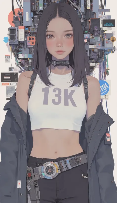 の下に小さな文字が描かれています。若い女性が未来的な, 全体的な構成は、高度なテクノロジーと現代のテーマを強調していますfashion. を着て描かれています。最も印象的なのは、白いクロップトップ, という太字の "13k" 黒, が含まれ、. 彼女の服装には、SF美学に貢献する, ダークカラーのジャケット, で部分的に覆われており、実用性とスタイル. 現代のファッションの要素とハイテクアーマーを融合させたメカニカルコスチューム {x} ジャケットを開けると、引き締まった上腹部とテクノにインスパイアされたベ...